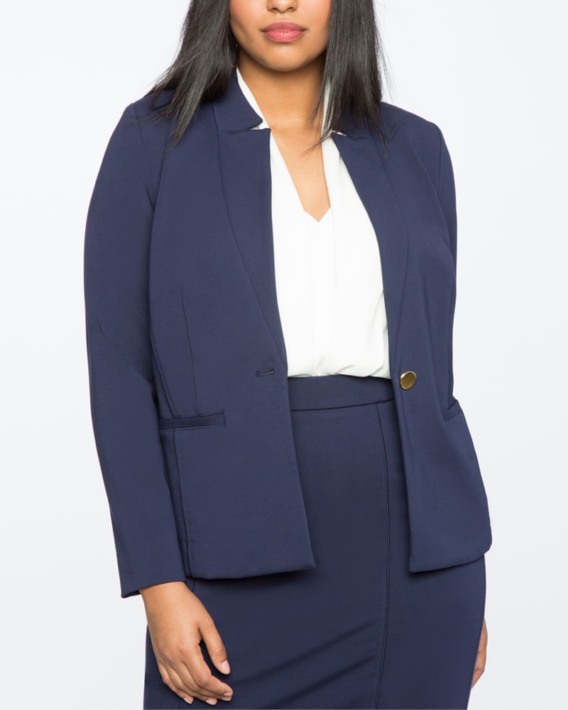 Side of a model wearing a size 24 The Ultimate Stretch Suit Blazer in Maritime Blue by ELOQUII. | dia_product_style_image_id:295055